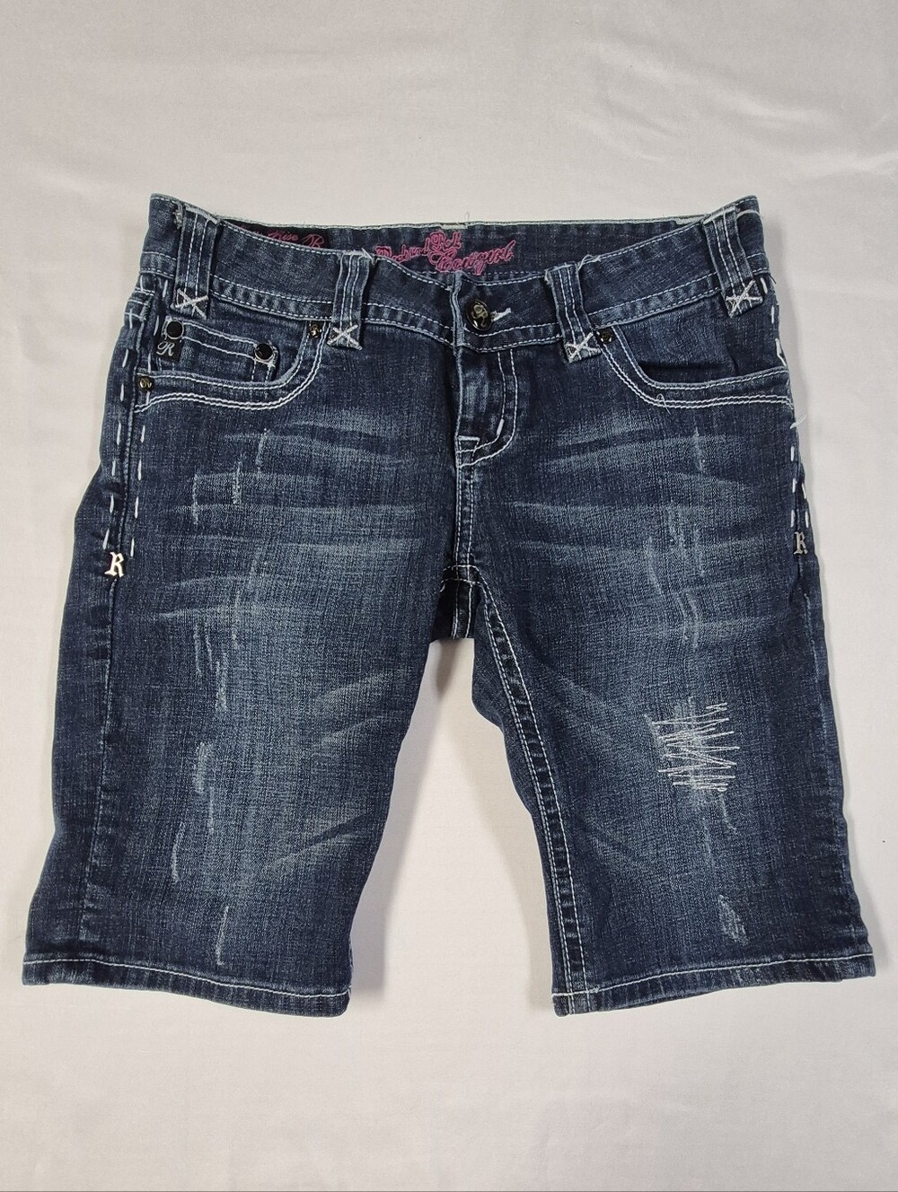 Rock & Roll Cowgirl Low Rise Distressed Bermuda Shorts With Cross Bling Pockets